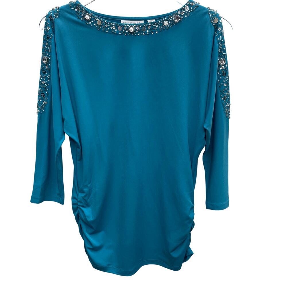 Susan Graver Blue Liquid Knit Sequin Bead Embellished Ruched Top Size XXS NWOT